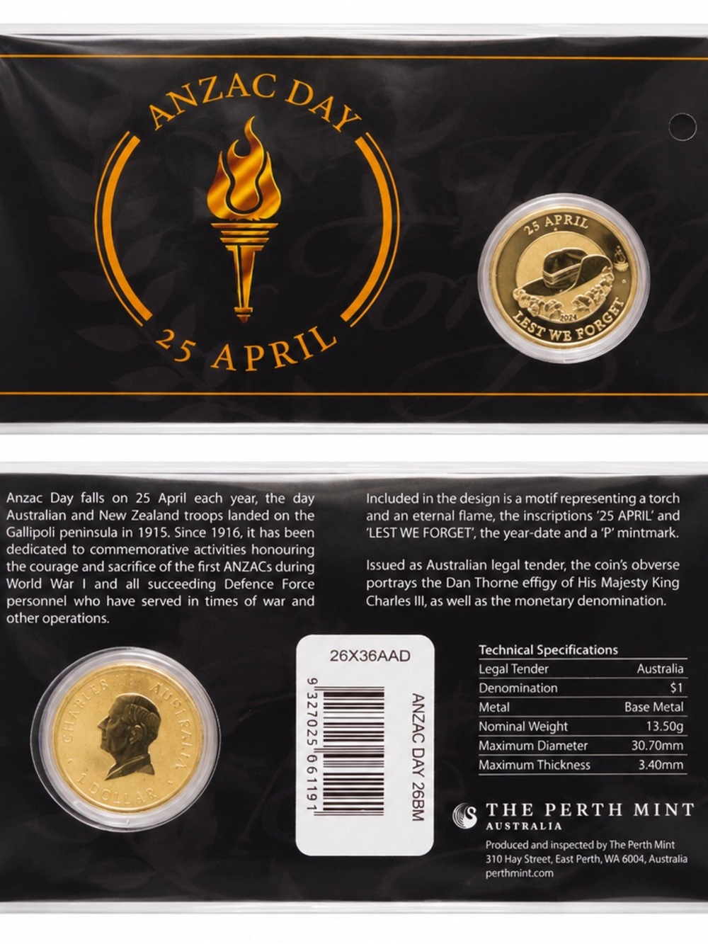 Perth Mint 2026 ANZAC Day $1 Uncirculated Commemorative Coin in Card